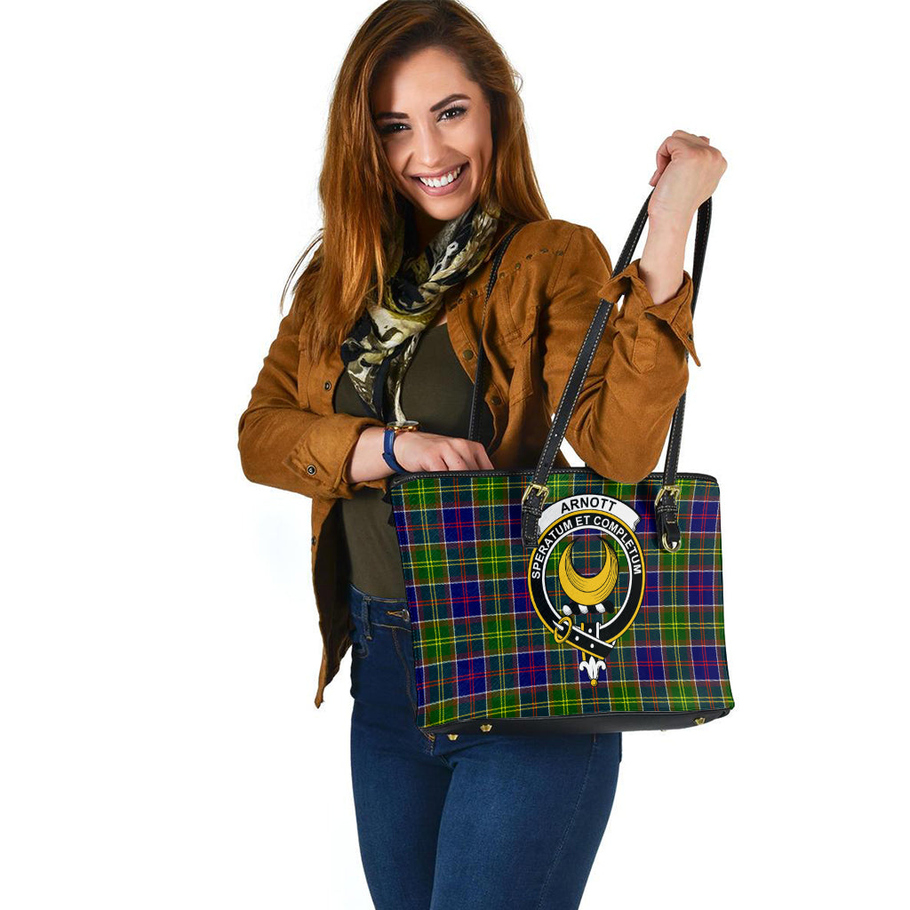 Arnott Tartan Leather Tote Bag with Family Crest - Tartanvibesclothing