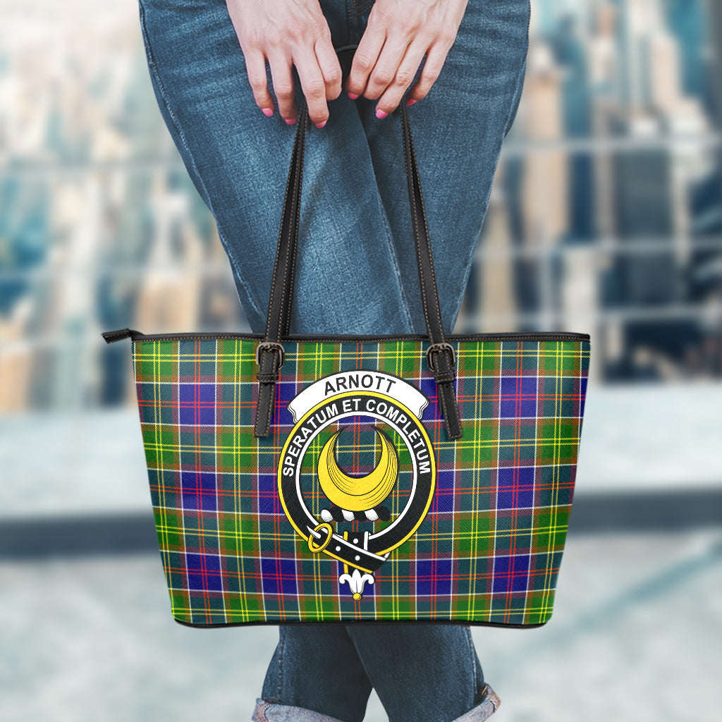 Arnott Tartan Leather Tote Bag with Family Crest - Tartanvibesclothing