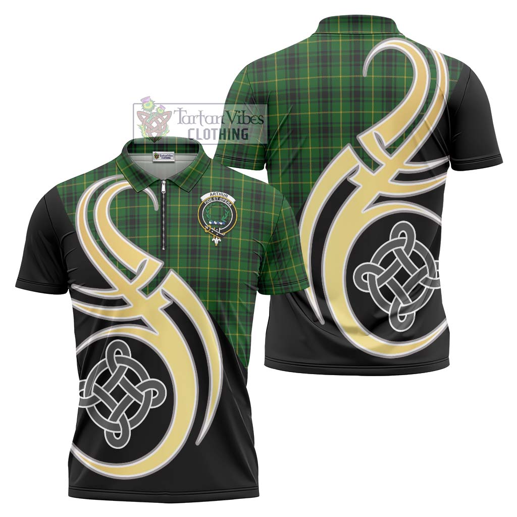 Tartan Vibes Clothing Arthur Tartan Zipper Polo Shirt with Family Crest and Celtic Symbol Style