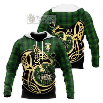 Arthur Tartan Knitted Hoodie with Family Crest Celtic Wolf Style