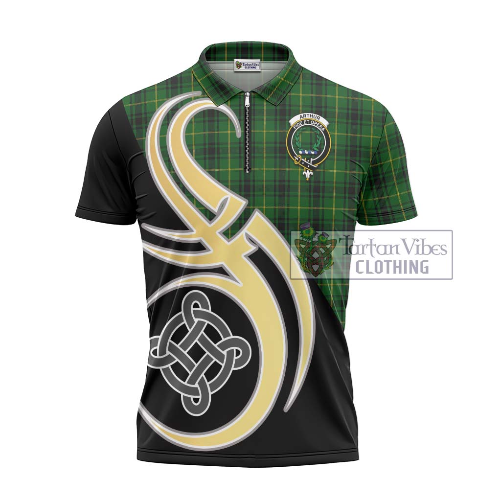 Tartan Vibes Clothing Arthur Tartan Zipper Polo Shirt with Family Crest and Celtic Symbol Style