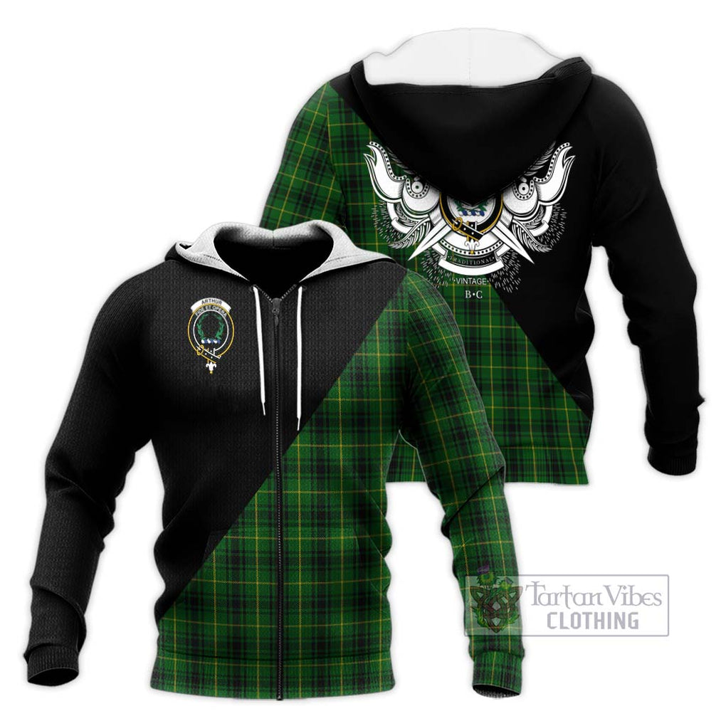 Arthur Tartan Knitted Hoodie with Family Crest and Military Logo Style Unisex Knitted Zip Hoodie - Tartanvibesclothing Shop