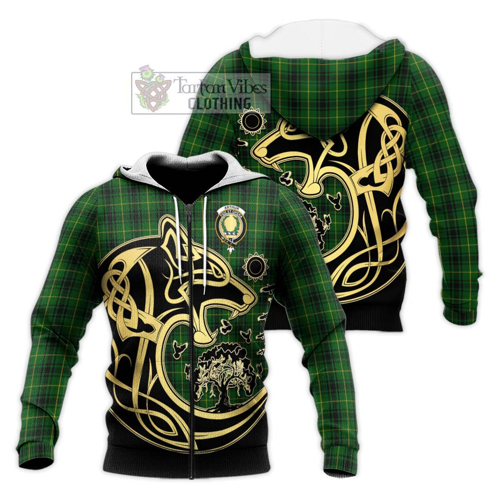 Arthur Tartan Knitted Hoodie with Family Crest Celtic Wolf Style Unisex Knitted Zip Hoodie - Tartan Vibes Clothing