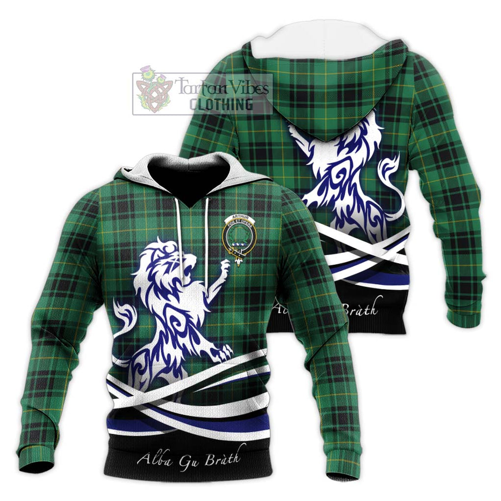 Arthur Ancient Tartan Knitted Hoodie with Alba Gu Brath Regal Lion Emblem Unisex Knitted Pullover Hoodie - Tartanvibesclothing Shop