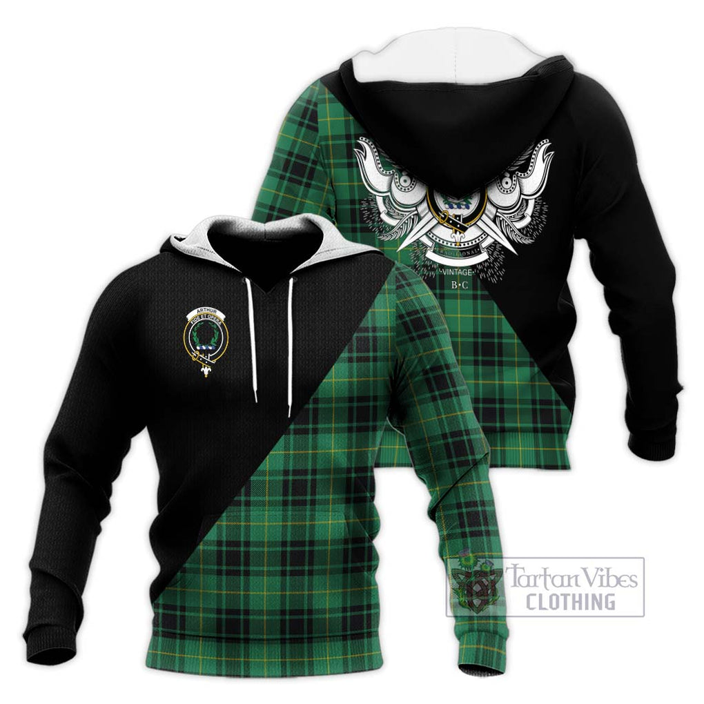 Arthur Ancient Tartan Knitted Hoodie with Family Crest and Military Logo Style Unisex Knitted Pullover Hoodie - Tartanvibesclothing Shop