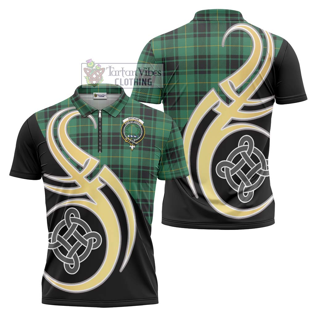 Tartan Vibes Clothing Arthur Ancient Tartan Zipper Polo Shirt with Family Crest and Celtic Symbol Style