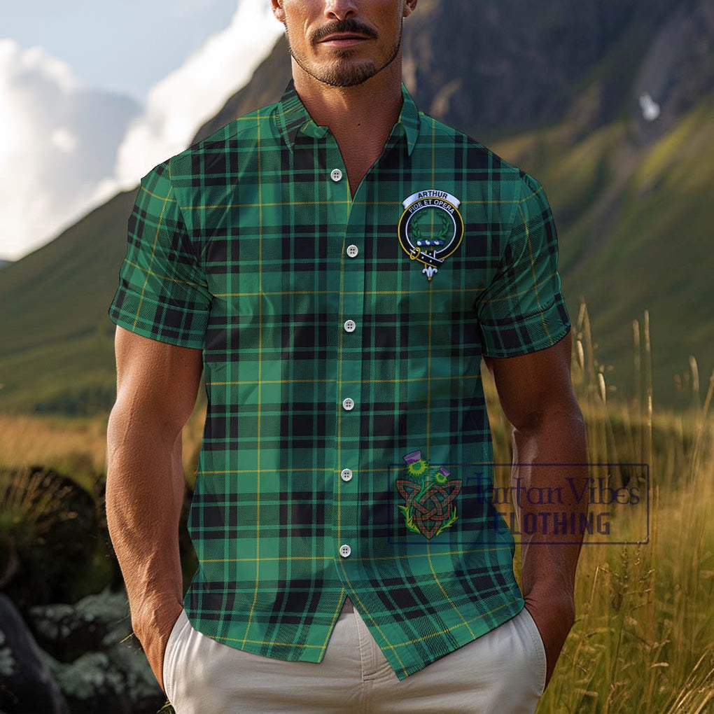 Arthur Ancient Tartan Cotton Hawaiian Shirt with Family Crest Adult - Tartan Vibes Clothing