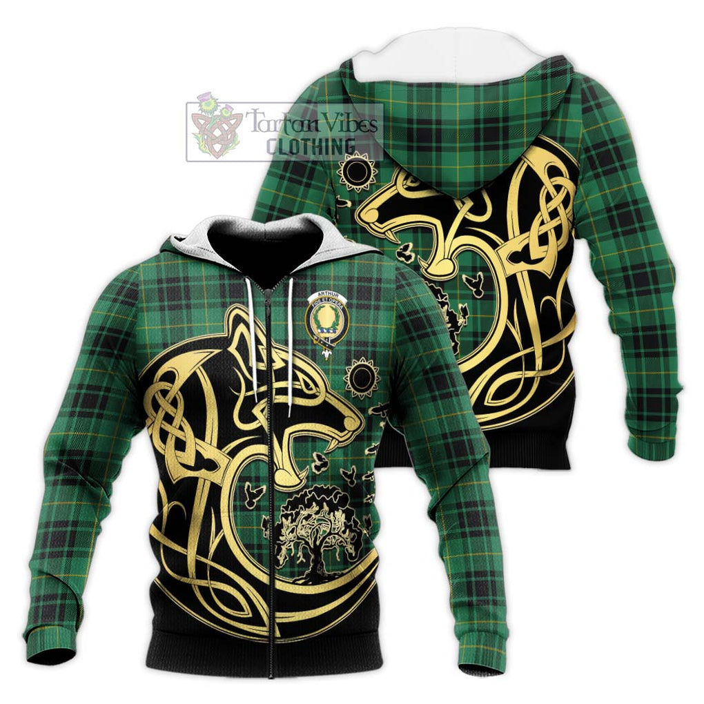 Arthur Ancient Tartan Knitted Hoodie with Family Crest Celtic Wolf Style Unisex Knitted Zip Hoodie - Tartan Vibes Clothing