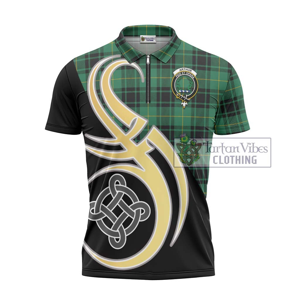 Tartan Vibes Clothing Arthur Ancient Tartan Zipper Polo Shirt with Family Crest and Celtic Symbol Style