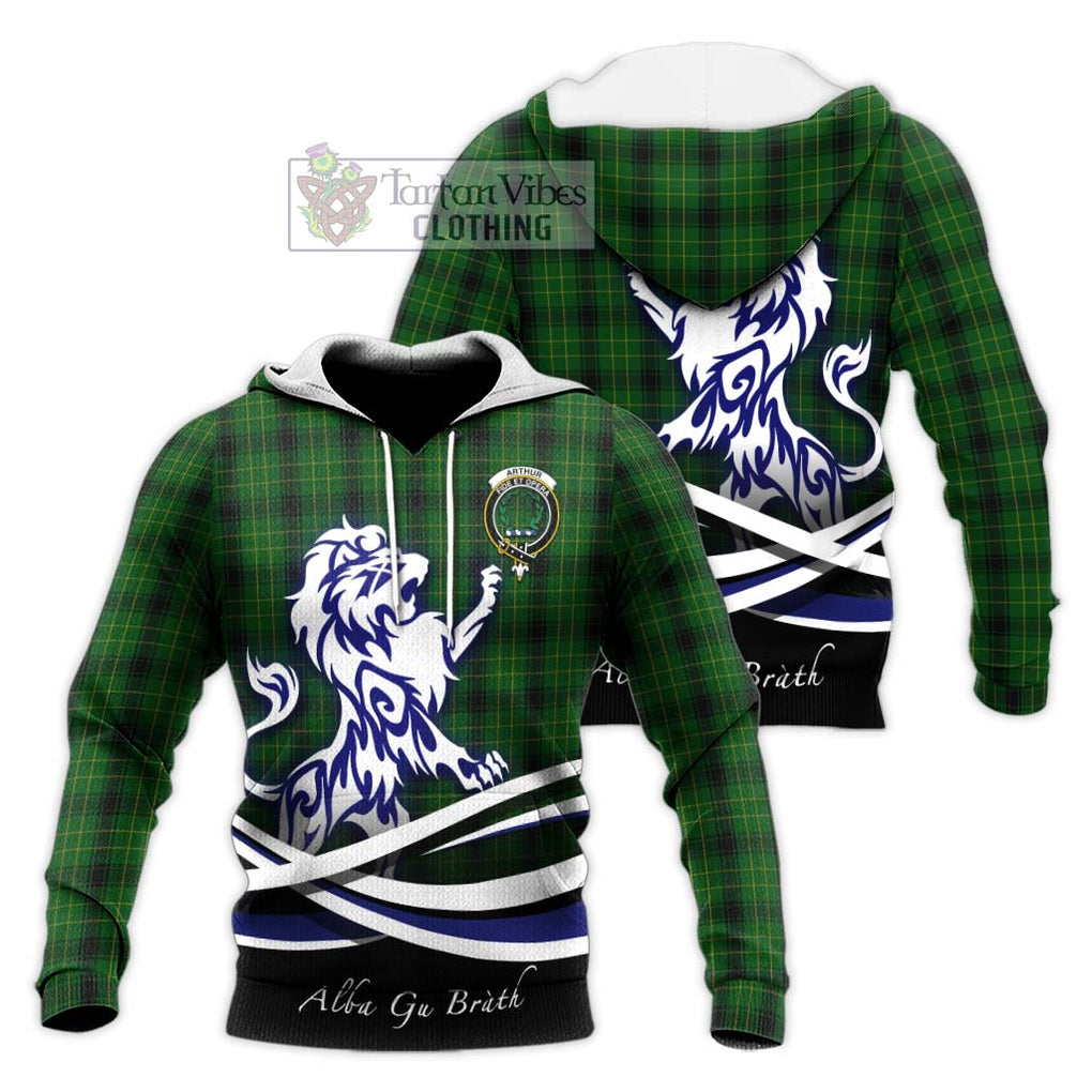 Arthur Highland Tartan Knitted Hoodie with Alba Gu Brath Regal Lion Emblem Unisex Knitted Pullover Hoodie - Tartanvibesclothing Shop