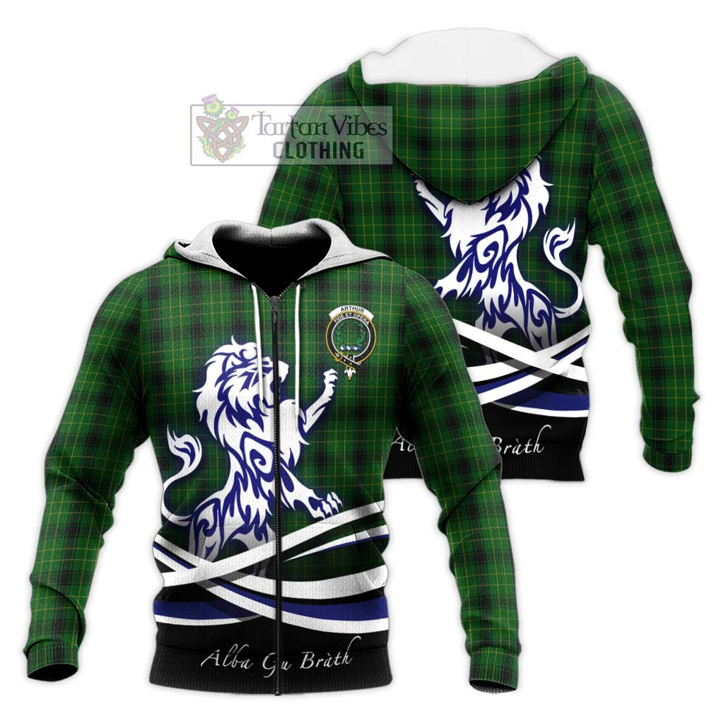 Arthur Highland Tartan Knitted Hoodie with Alba Gu Brath Regal Lion Emblem Unisex Knitted Zip Hoodie - Tartanvibesclothing Shop