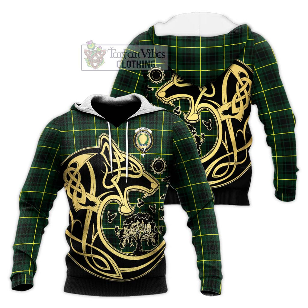 Arthur Modern Tartan Knitted Hoodie with Family Crest Celtic Wolf Style Unisex Knitted Pullover Hoodie - Tartan Vibes Clothing