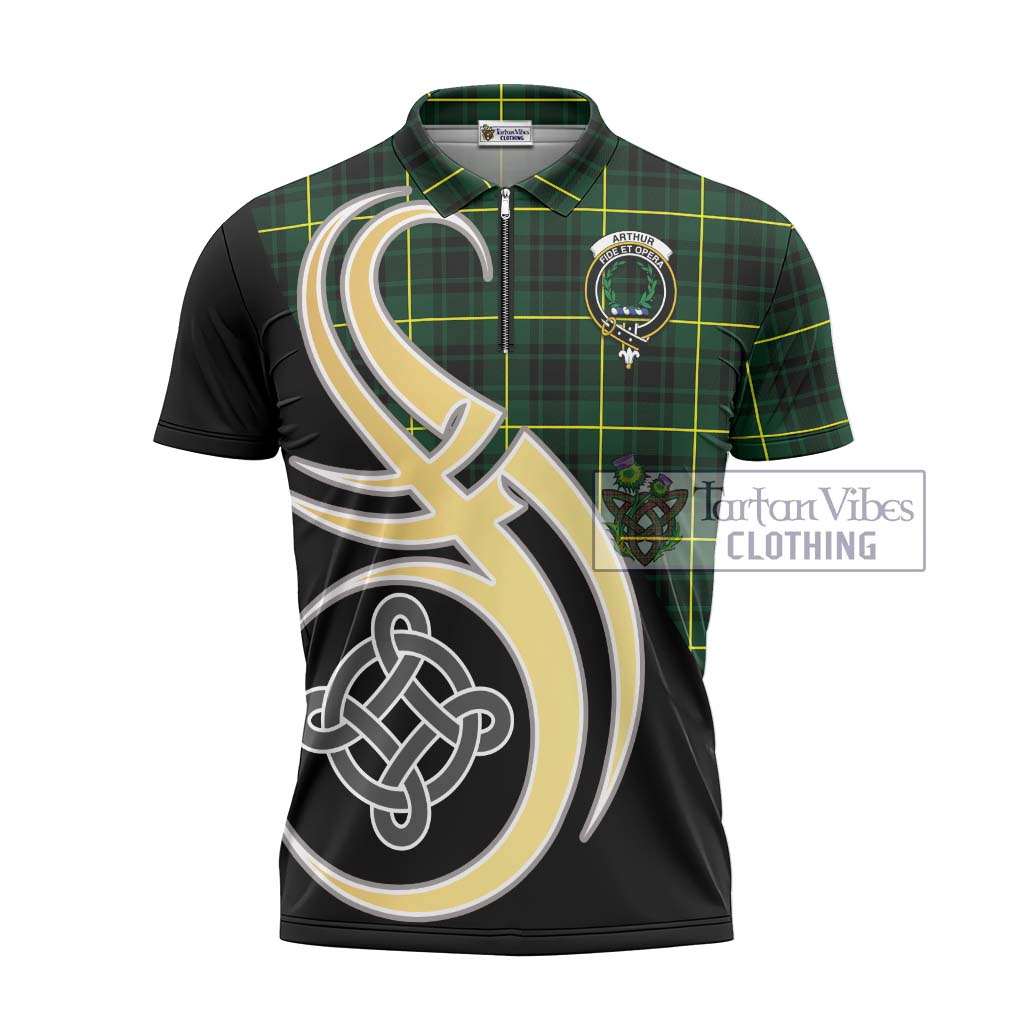 Tartan Vibes Clothing Arthur Modern Tartan Zipper Polo Shirt with Family Crest and Celtic Symbol Style