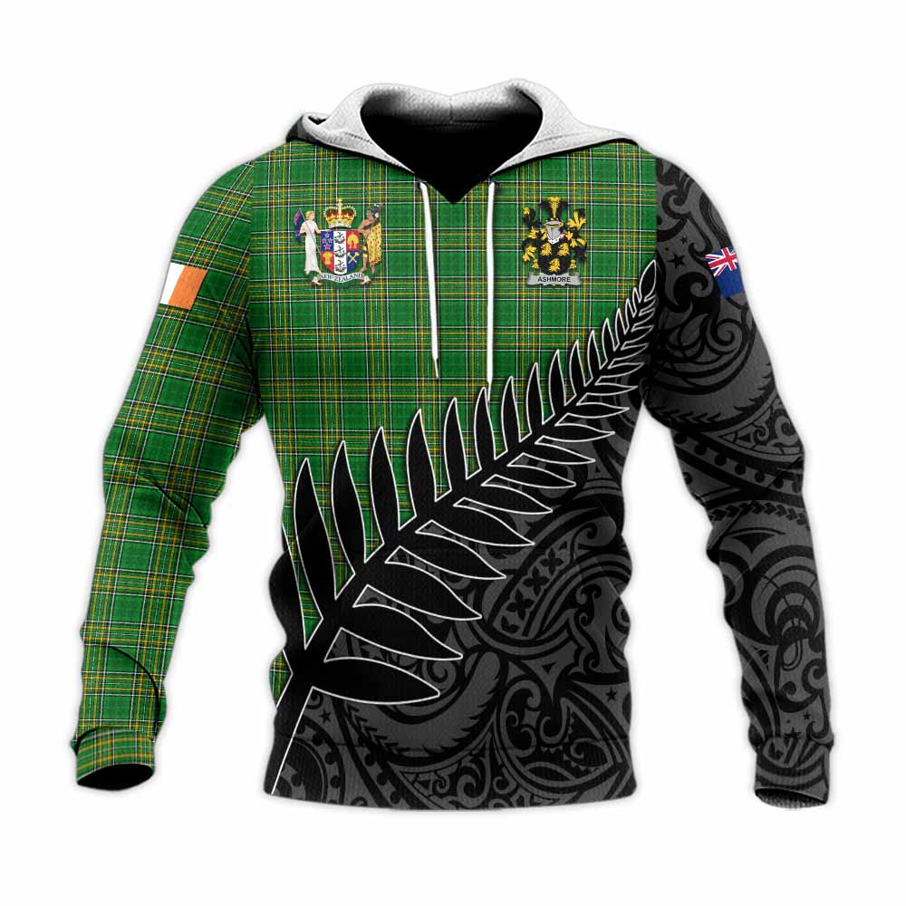 Tartan Vibes Clothing Ashmore Irish Clan Tartan Knitted Hoodie with Coat of Arms New Zealand Silver Fern Half Style