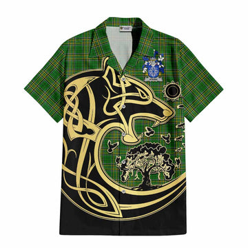 Atkins Irish Tartan Short Sleeve Button Shirt with Coat of Arms Celtic Wolf Style