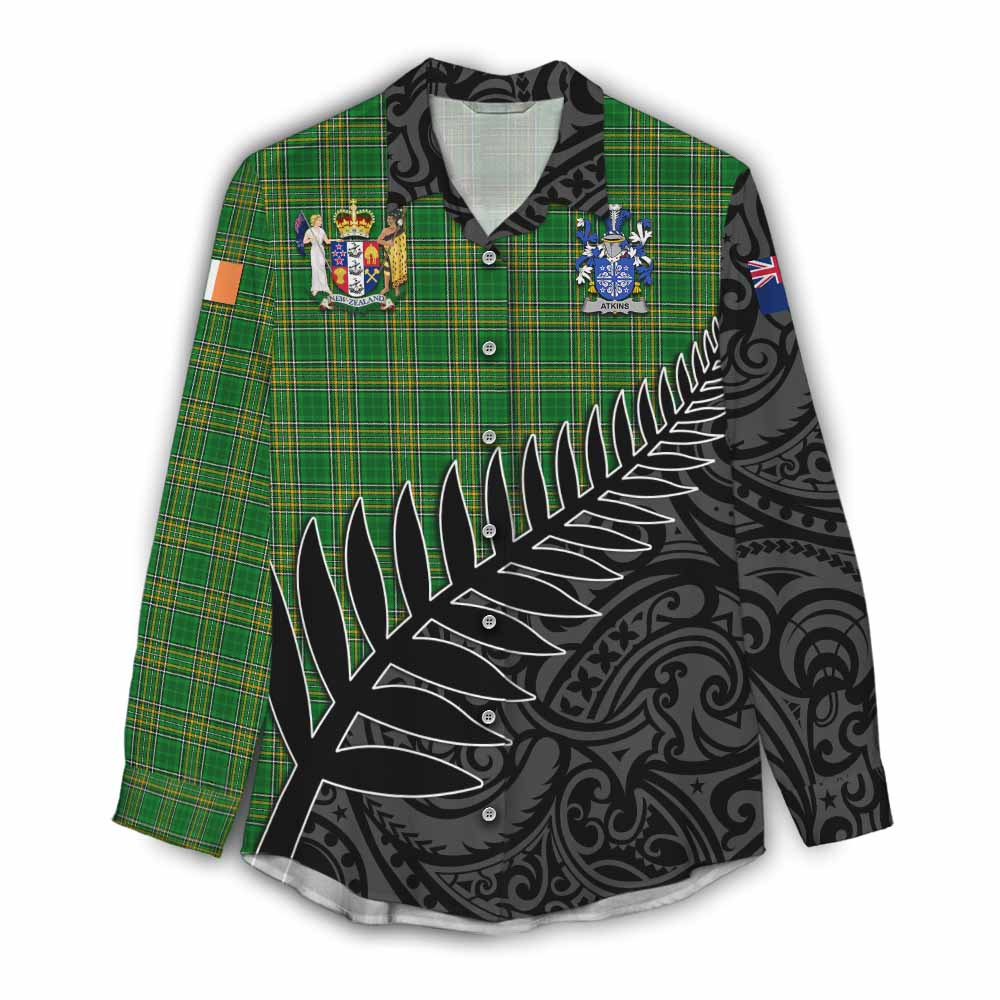 Tartan Vibes Clothing Atkins Irish Clan Tartan Women's Casual Shirt with Coat of Arms New Zealand Silver Fern Half Style