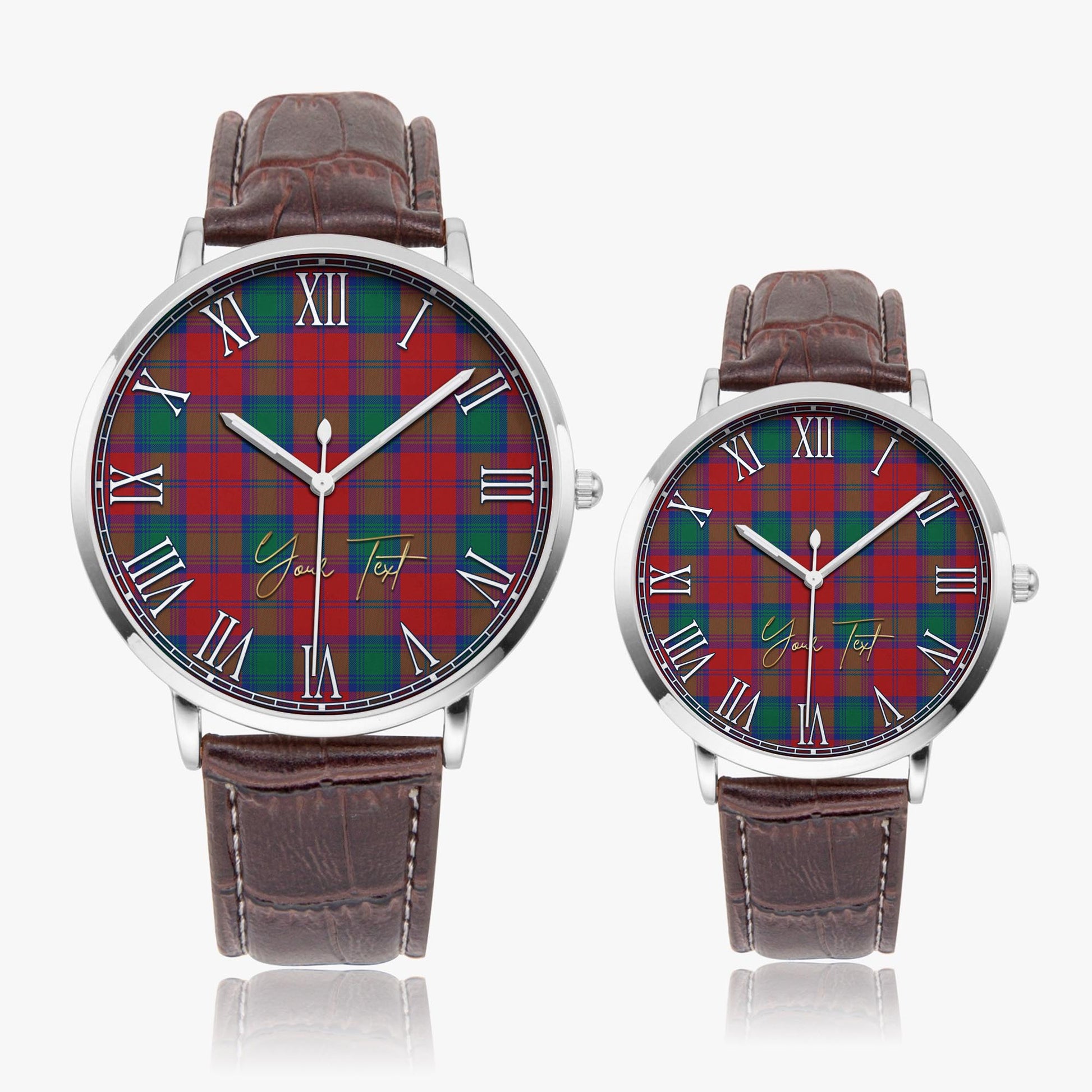 Auchinleck Tartan Personalized Your Text Leather Trap Quartz Watch Ultra Thin Silver Case With Brown Leather Strap - Tartanvibesclothing