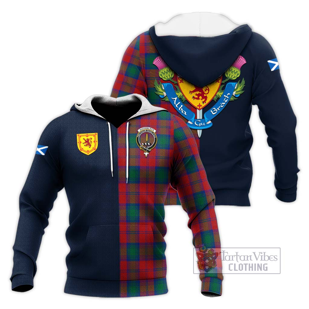 Tartan Vibes Clothing Auchinleck Tartan Knitted Hoodie with Scottish Lion Royal Arm Half Style