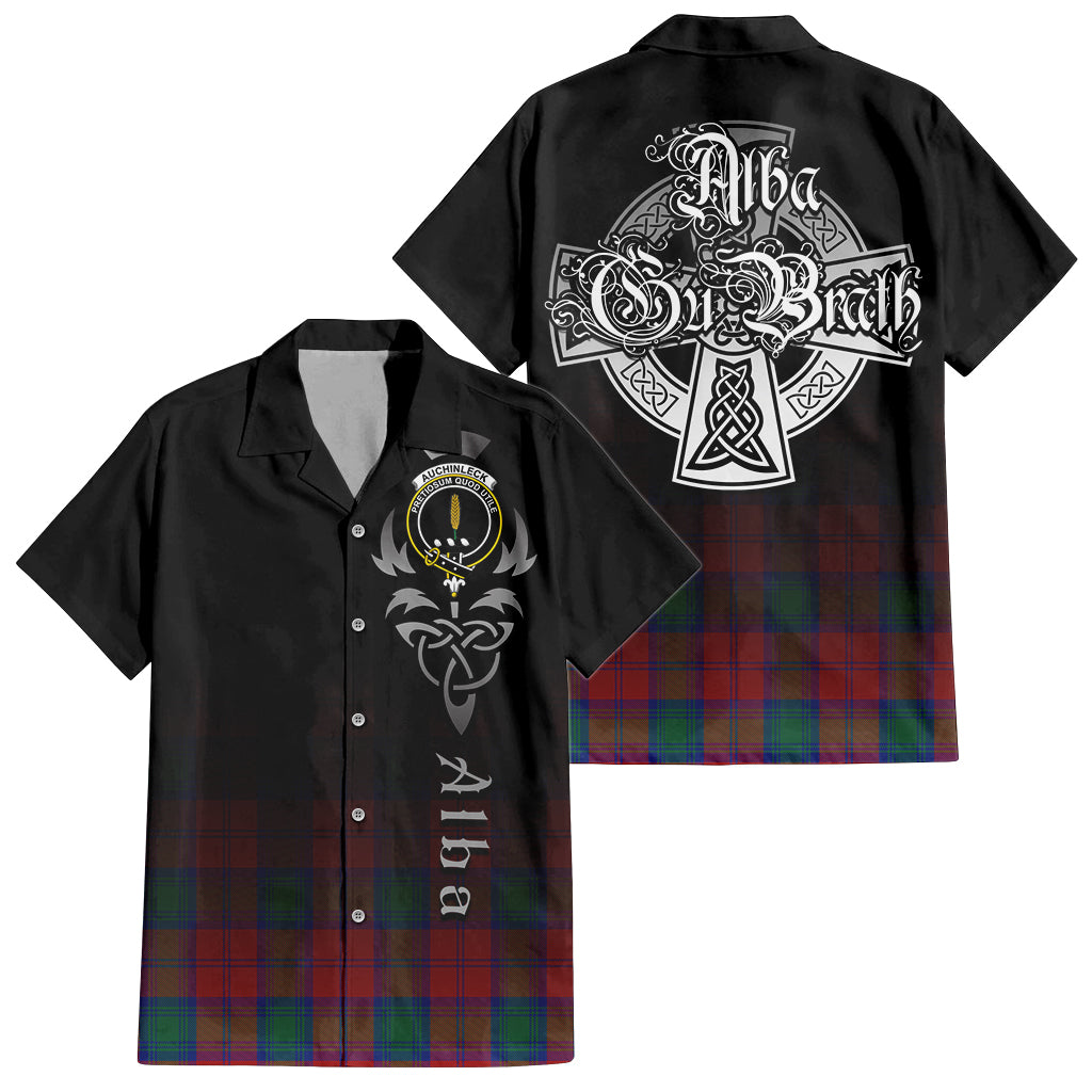 Tartan Vibes Clothing Auchinleck Tartan Short Sleeve Button Up Featuring Alba Gu Brath Family Crest Celtic Inspired