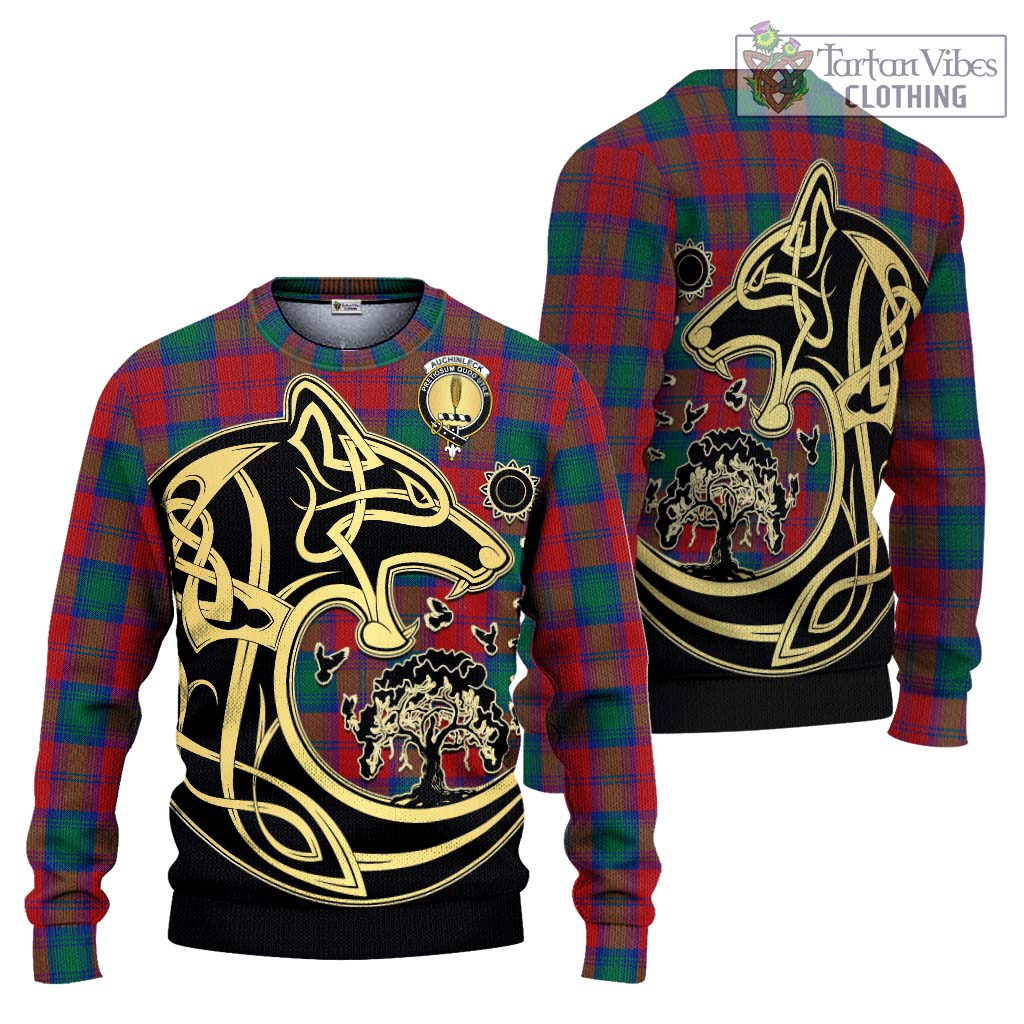 Tartan Vibes Clothing Auchinleck Tartan Knitted Sweater with Family Crest Celtic Wolf Style