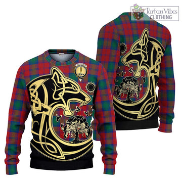 Auchinleck Tartan Knitted Sweater with Family Crest Celtic Wolf Style