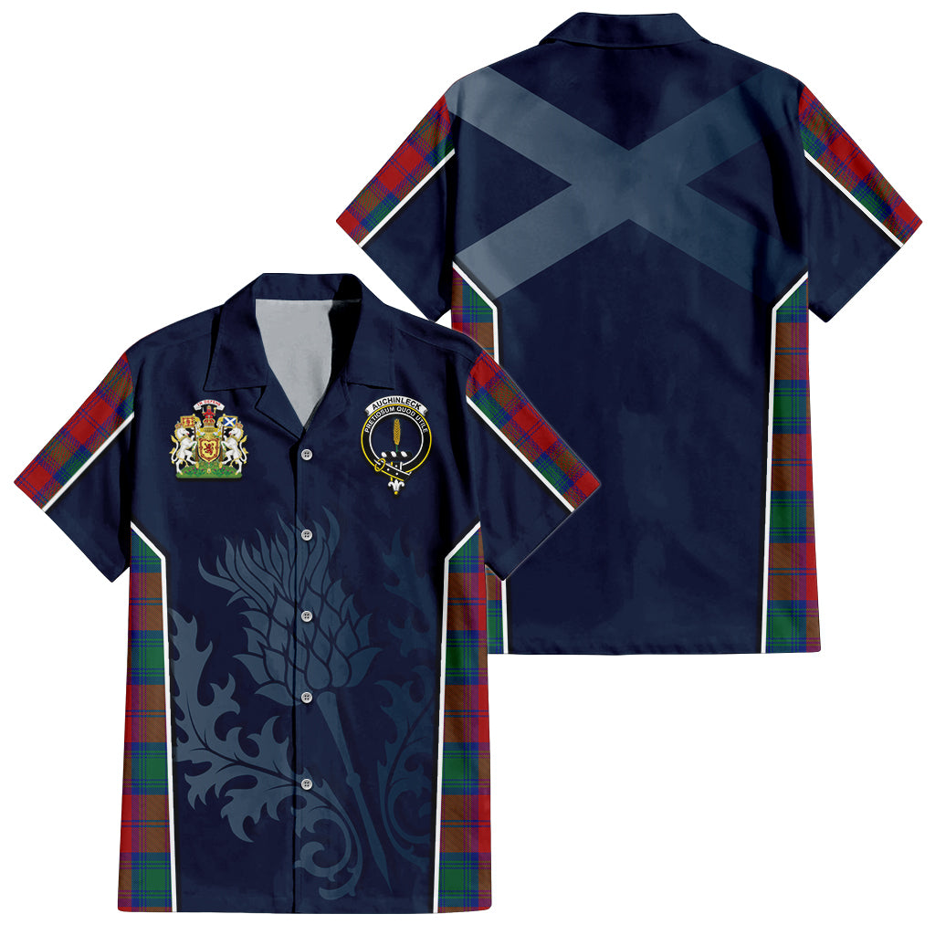 Tartan Vibes Clothing Auchinleck Tartan Short Sleeve Button Up Shirt with Family Crest and Scottish Thistle Vibes Sport Style