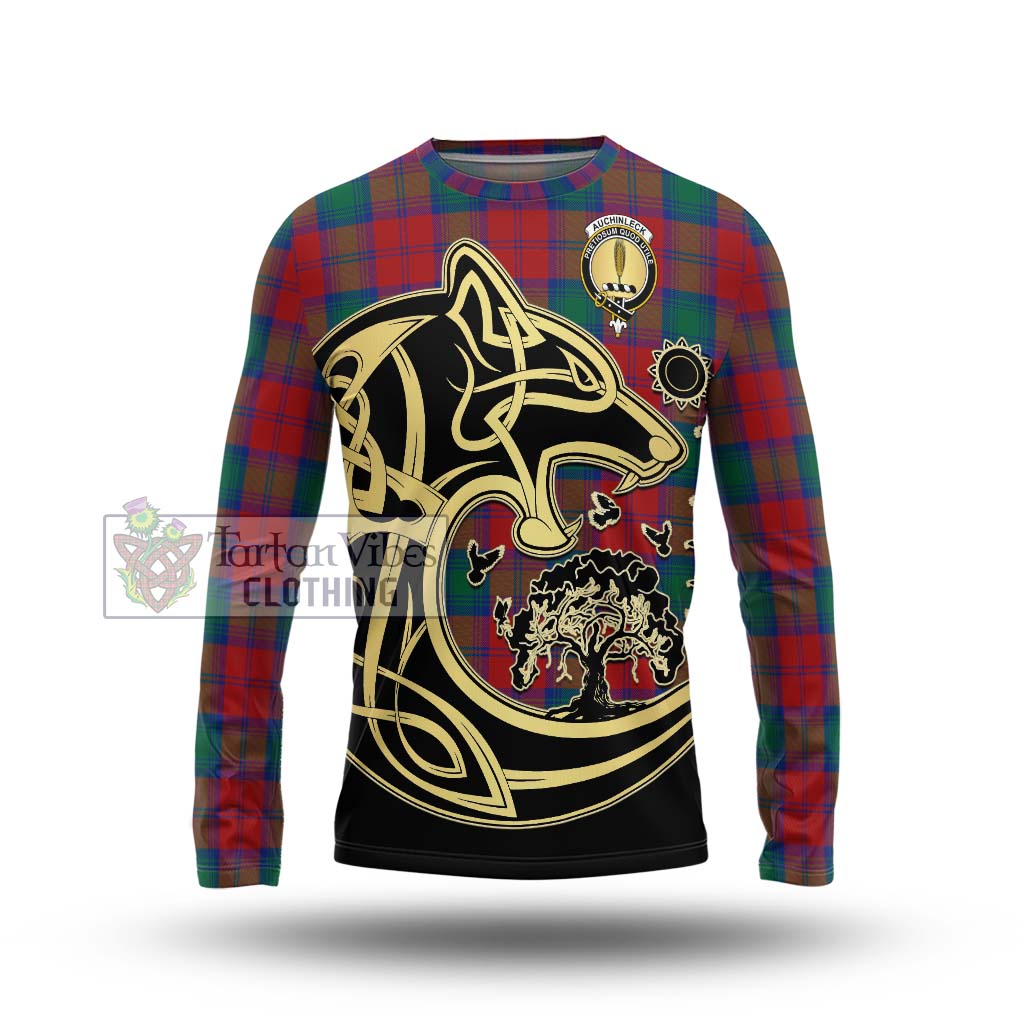 Tartan Vibes Clothing Auchinleck Tartan Long Sleeve T-Shirt with Family Crest Celtic Wolf Style