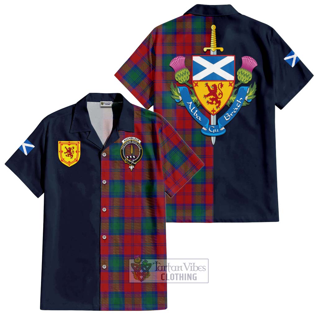 Tartan Vibes Clothing Auchinleck Tartan Short Sleeve Button Shirt with Scottish Lion Royal Arm Half Style