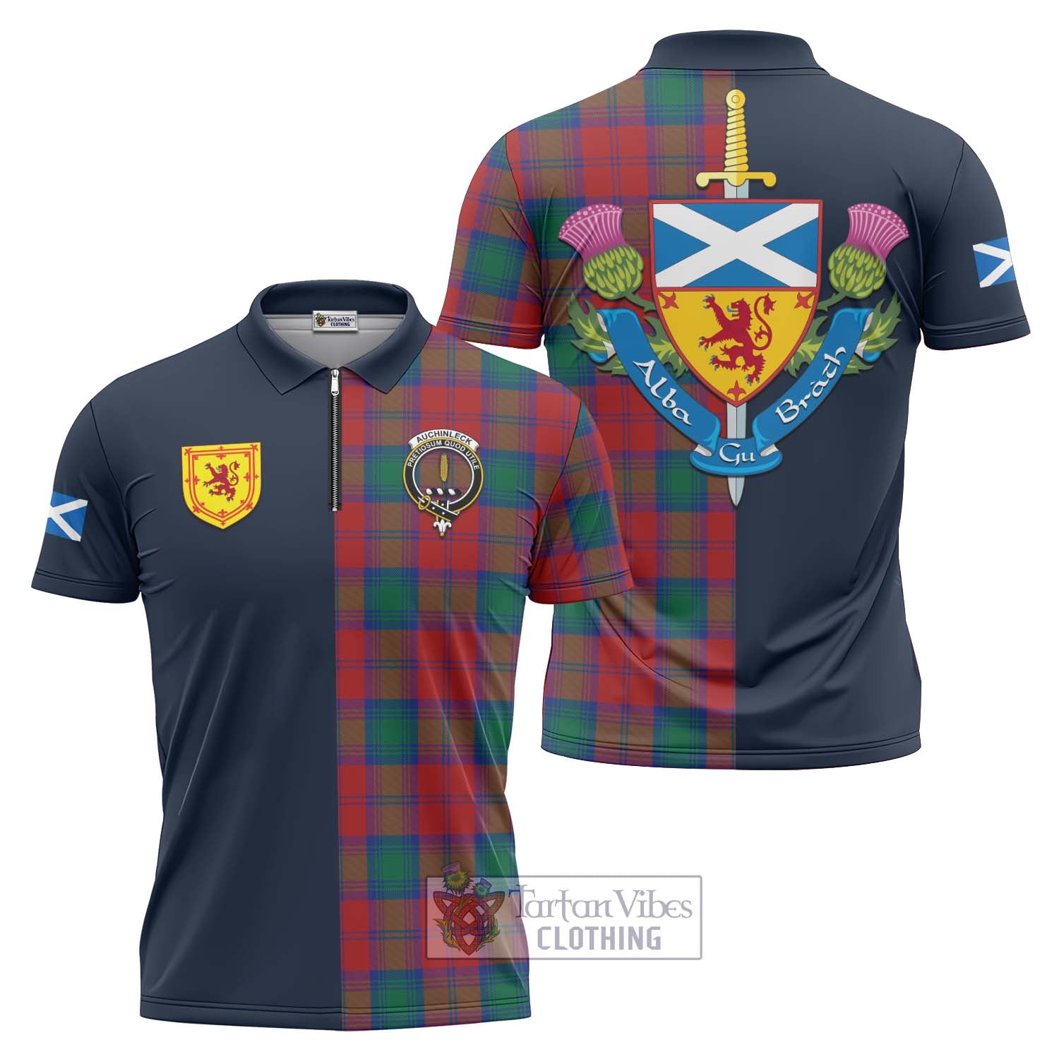 Tartan Vibes Clothing Auchinleck Tartan Zipper Polo Shirt with Scottish Lion Royal Arm Half Style