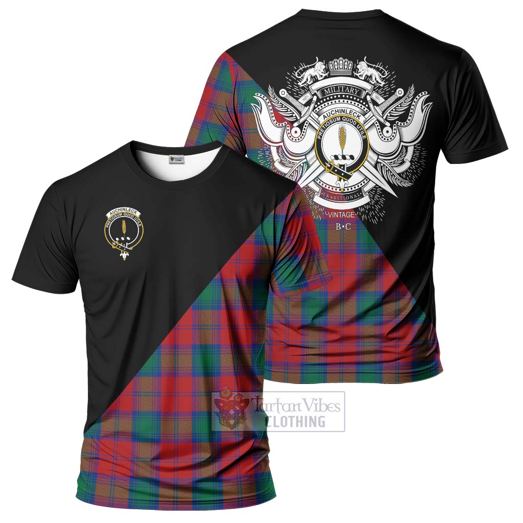 Tartan Vibes Clothing Auchinleck Tartan T-Shirt with Family Crest and Military Logo Style