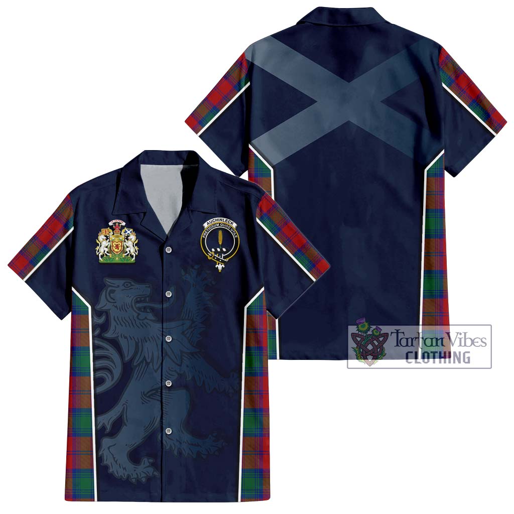 Tartan Vibes Clothing Auchinleck Tartan Short Sleeve Button Shirt with Family Crest and Lion Rampant Vibes Sport Style