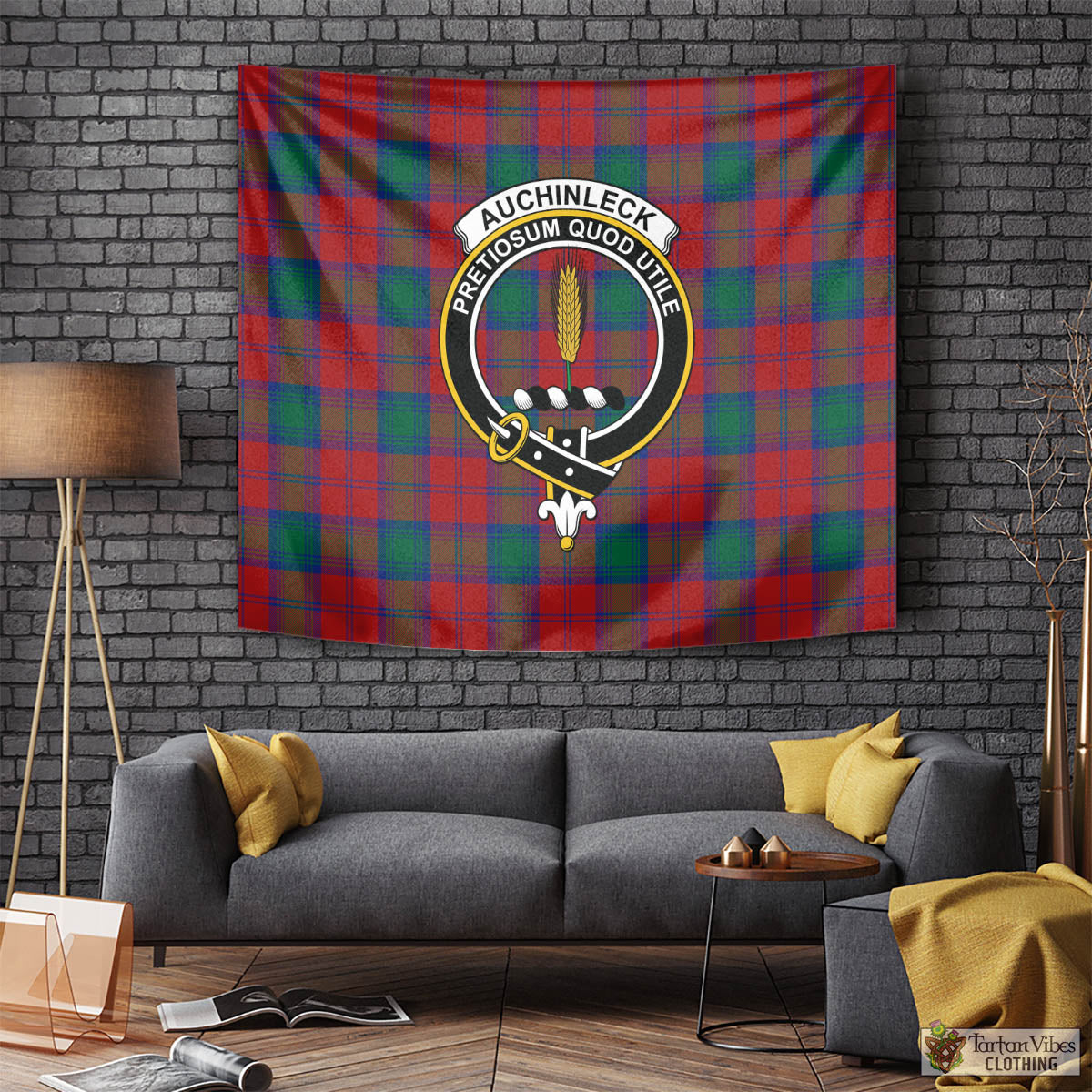 Tartan Vibes Clothing Auchinleck Tartan Tapestry Wall Hanging and Home Decor for Room with Family Crest