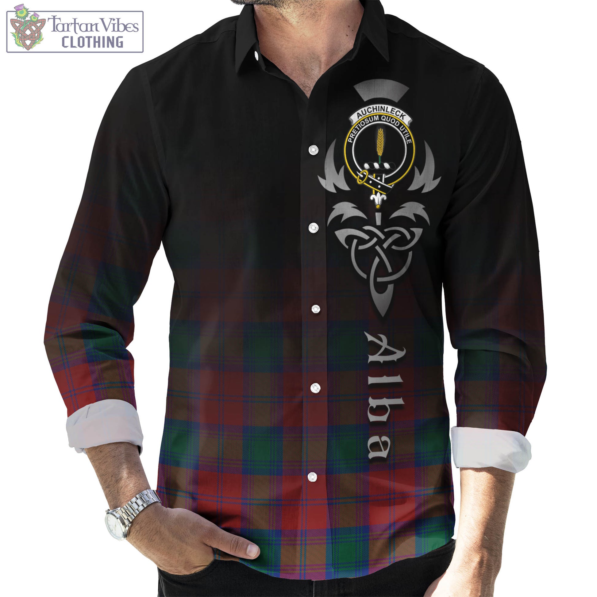 Tartan Vibes Clothing Auchinleck Tartan Long Sleeve Button Up Featuring Alba Gu Brath Family Crest Celtic Inspired