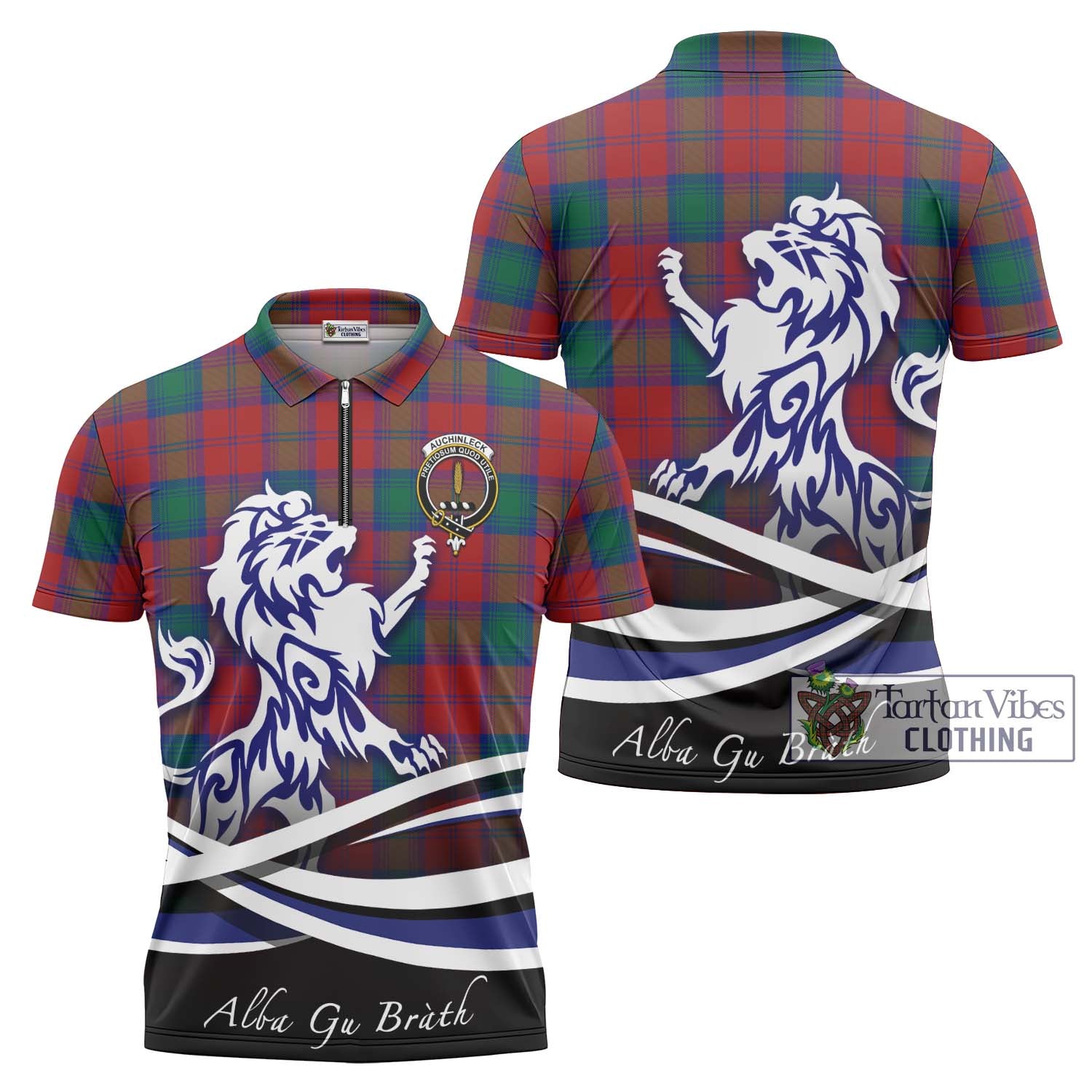 Tartan Vibes Clothing Auchinleck Tartan Zipper Polo Shirt with Alba Gu Brath Regal Lion Emblem