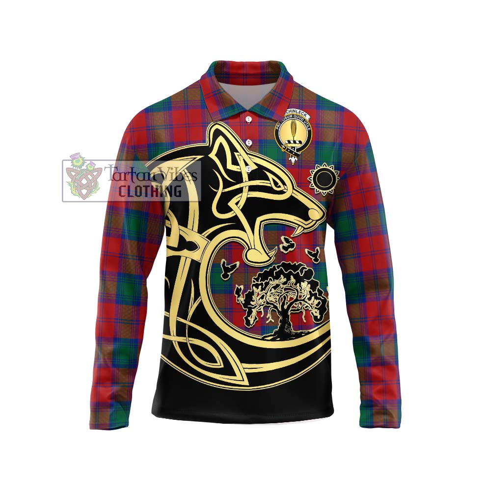 Tartan Vibes Clothing Auchinleck Tartan Long Sleeve Polo Shirt with Family Crest Celtic Wolf Style