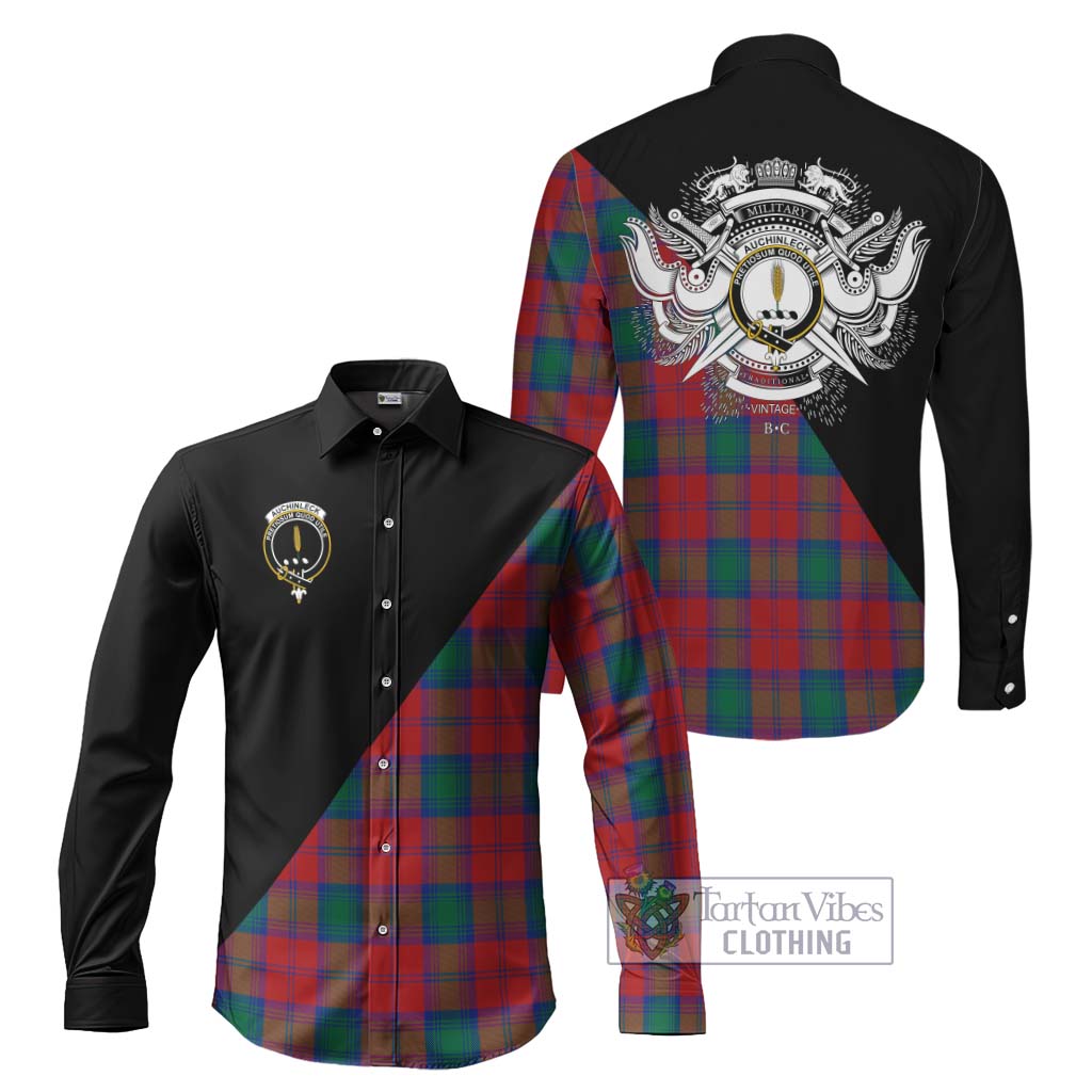 Tartan Vibes Clothing Auchinleck Tartan Long Sleeve Button Shirt with Family Crest and Military Logo Style