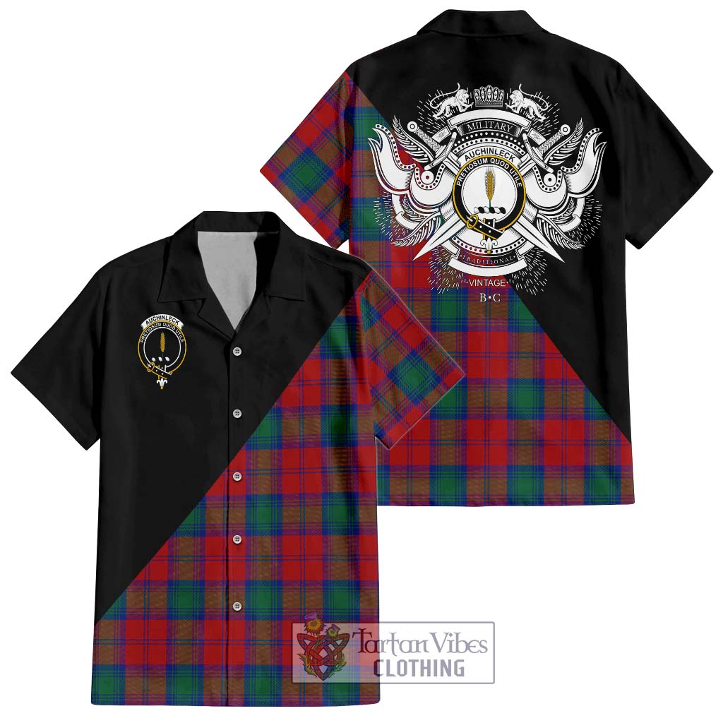 Tartan Vibes Clothing Auchinleck Tartan Short Sleeve Button Shirt with Family Crest and Military Logo Style