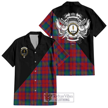 Auchinleck (Affleck) Tartan Short Sleeve Button Shirt with Family Crest and Military Logo Style