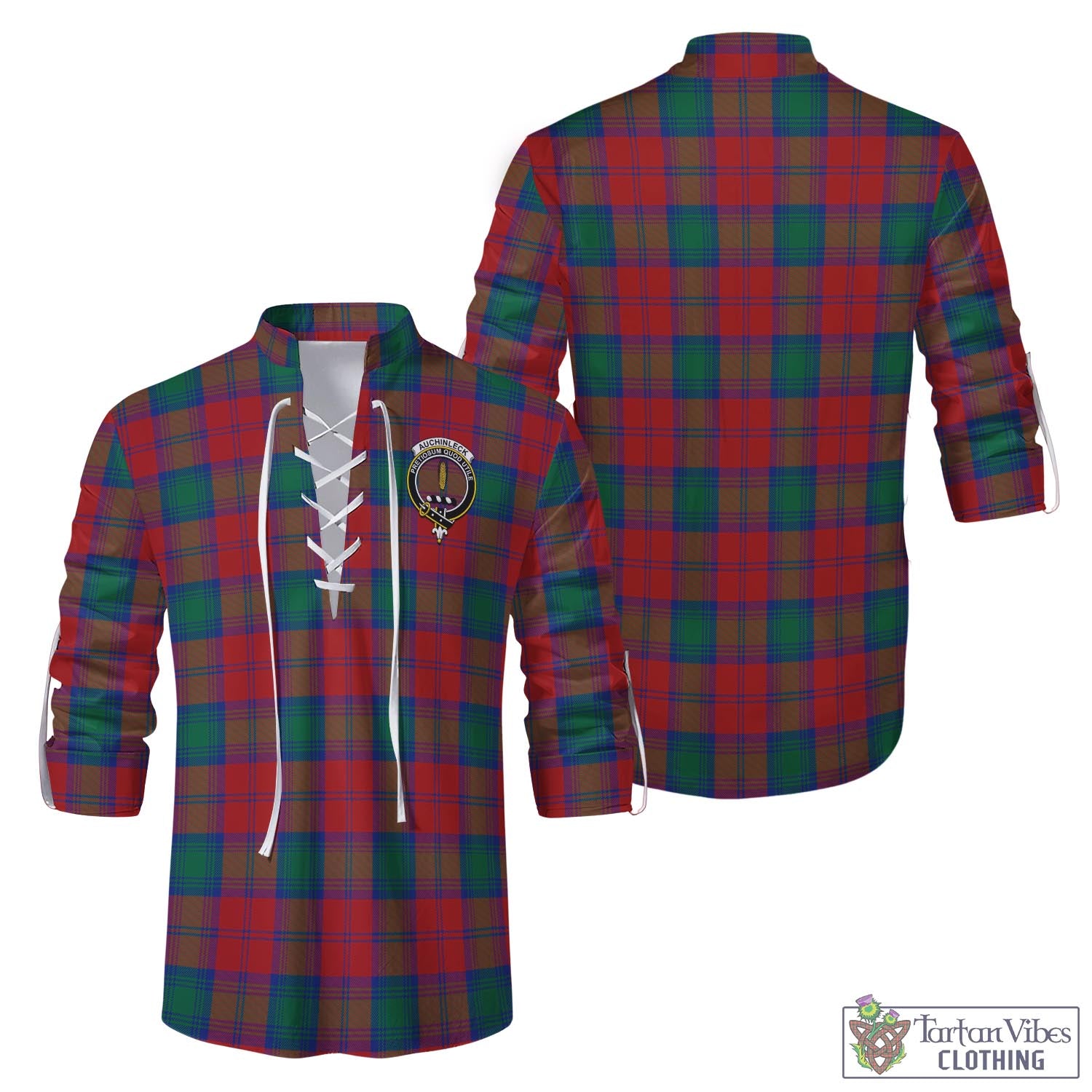 Tartan Vibes Clothing Auchinleck Tartan Men's Scottish Traditional Jacobite Ghillie Kilt Shirt with Family Crest