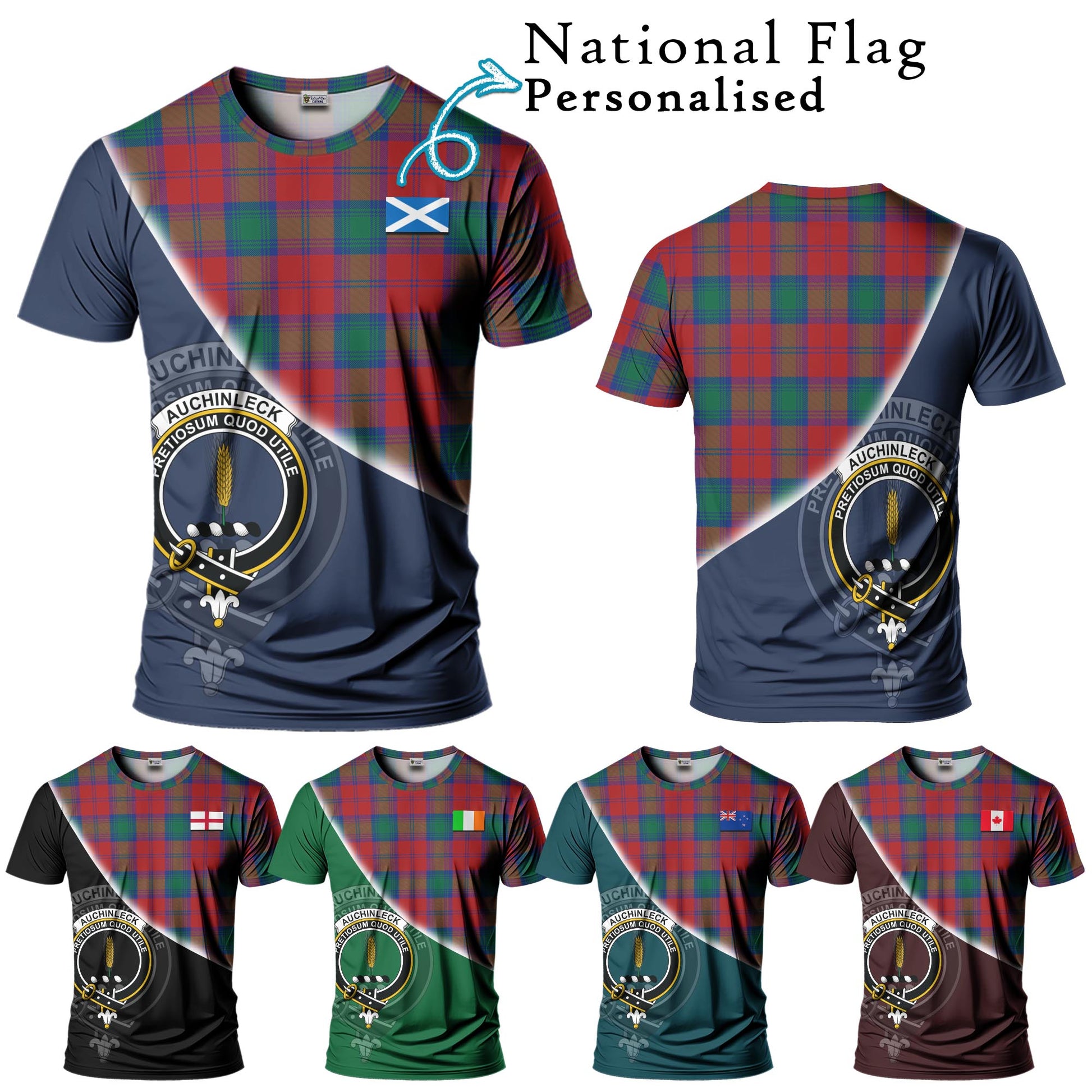 Tartan Vibes Clothing Auchinleck Tartan T-Shirt with Personalised National Flag and Family Crest Half Style