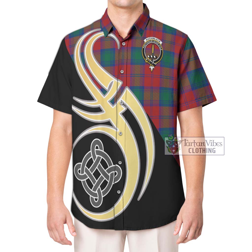 Tartan Vibes Clothing Auchinleck Tartan Short Sleeve Button Shirt with Family Crest and Celtic Symbol Style