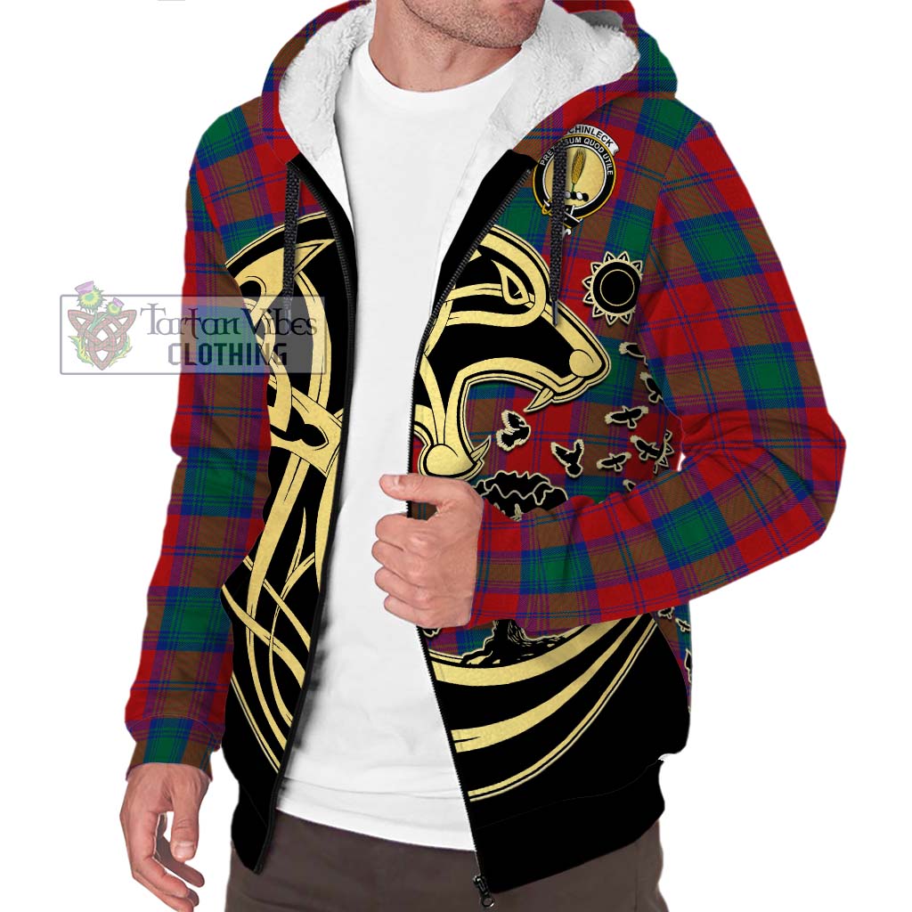 Tartan Vibes Clothing Auchinleck Tartan Sherpa Hoodie with Family Crest Celtic Wolf Style