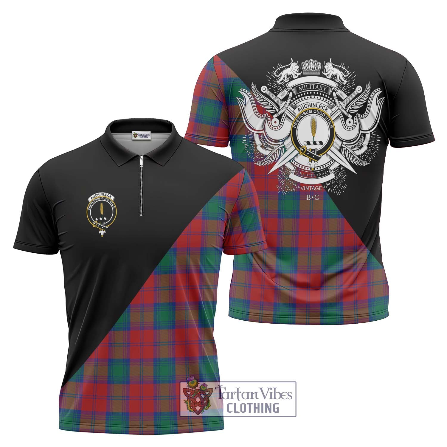 Tartan Vibes Clothing Auchinleck Tartan Zipper Polo Shirt with Family Crest and Military Logo Style