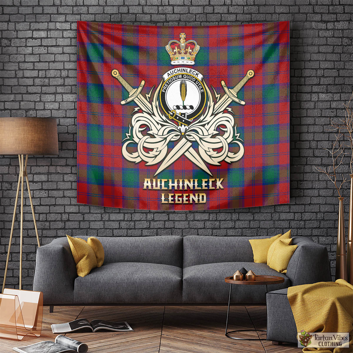 Tartan Vibes Clothing Auchinleck Tartan Tapestry with Clan Crest and the Golden Sword of Courageous Legacy