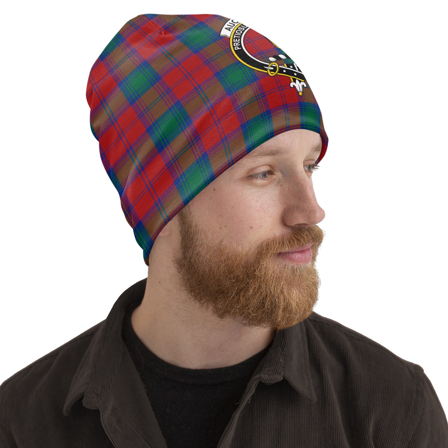 Auchinleck Tartan Beanies Hat with Family Crest One Size 22 inches 15.5 inches - Tartanvibesclothing