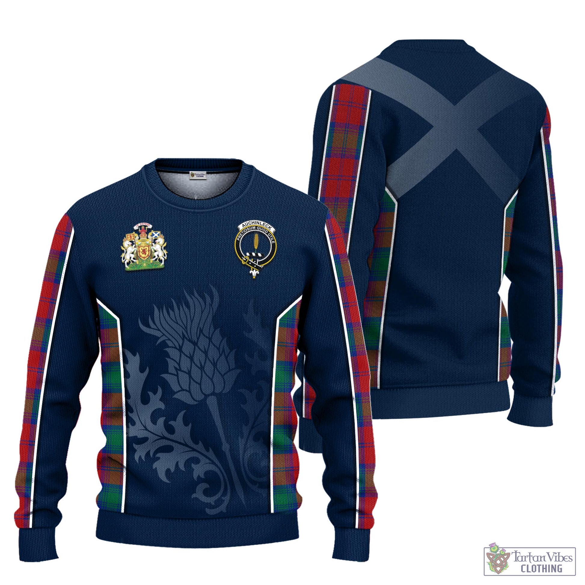 Tartan Vibes Clothing Auchinleck Tartan Knitted Sweatshirt with Family Crest and Scottish Thistle Vibes Sport Style