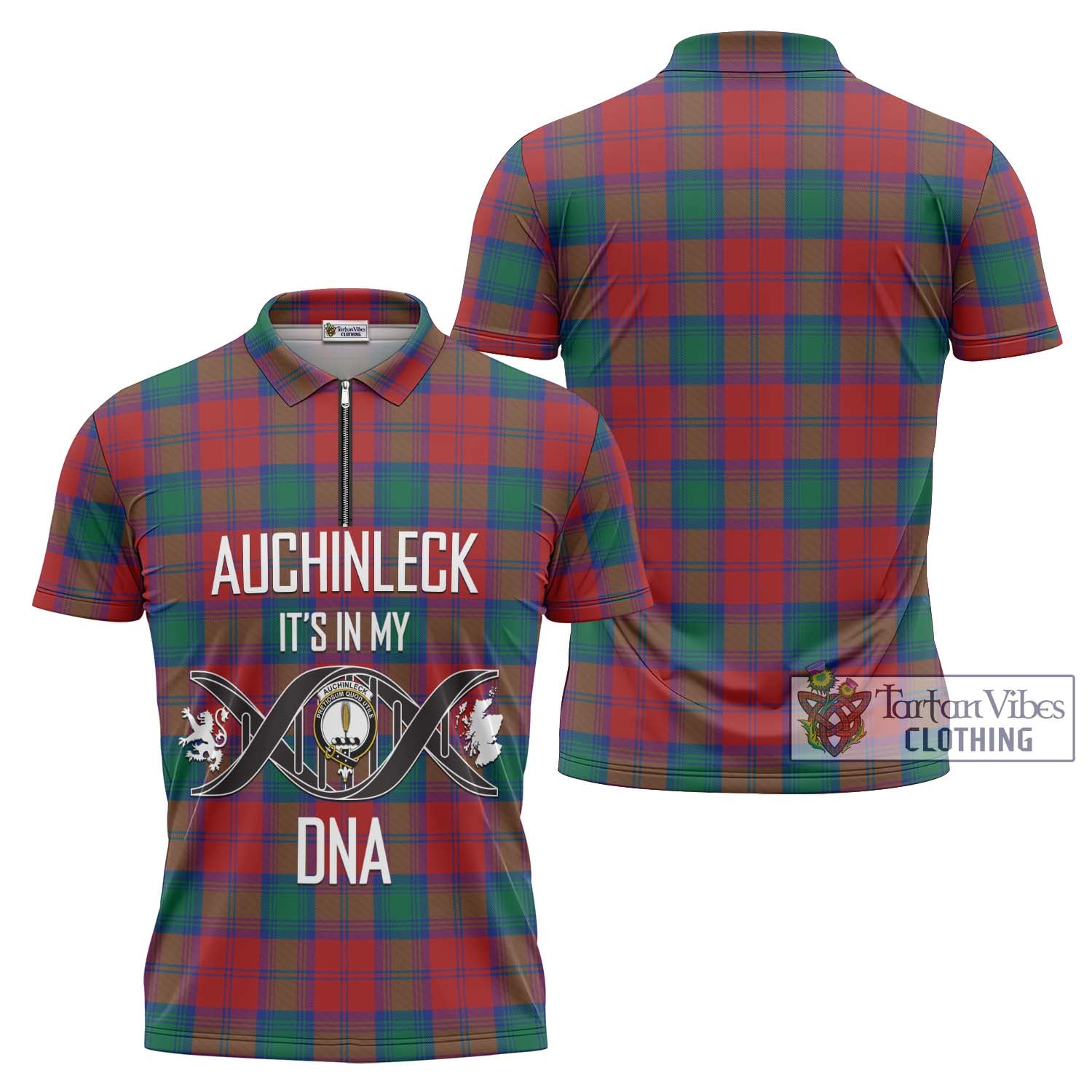 Tartan Vibes Clothing Auchinleck Tartan Zipper Polo Shirt with Family Crest DNA In Me Style