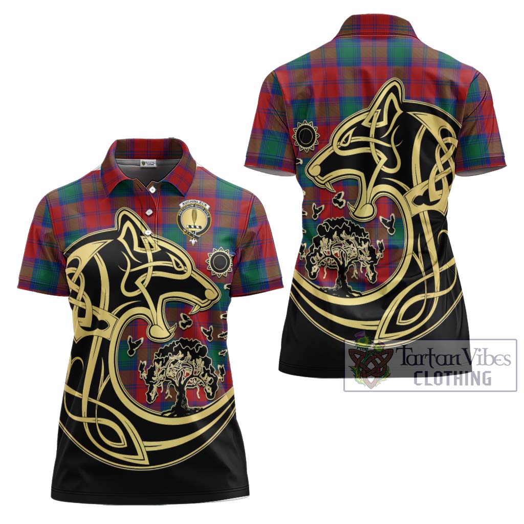 Tartan Vibes Clothing Auchinleck Tartan Women's Polo Shirt with Family Crest Celtic Wolf Style