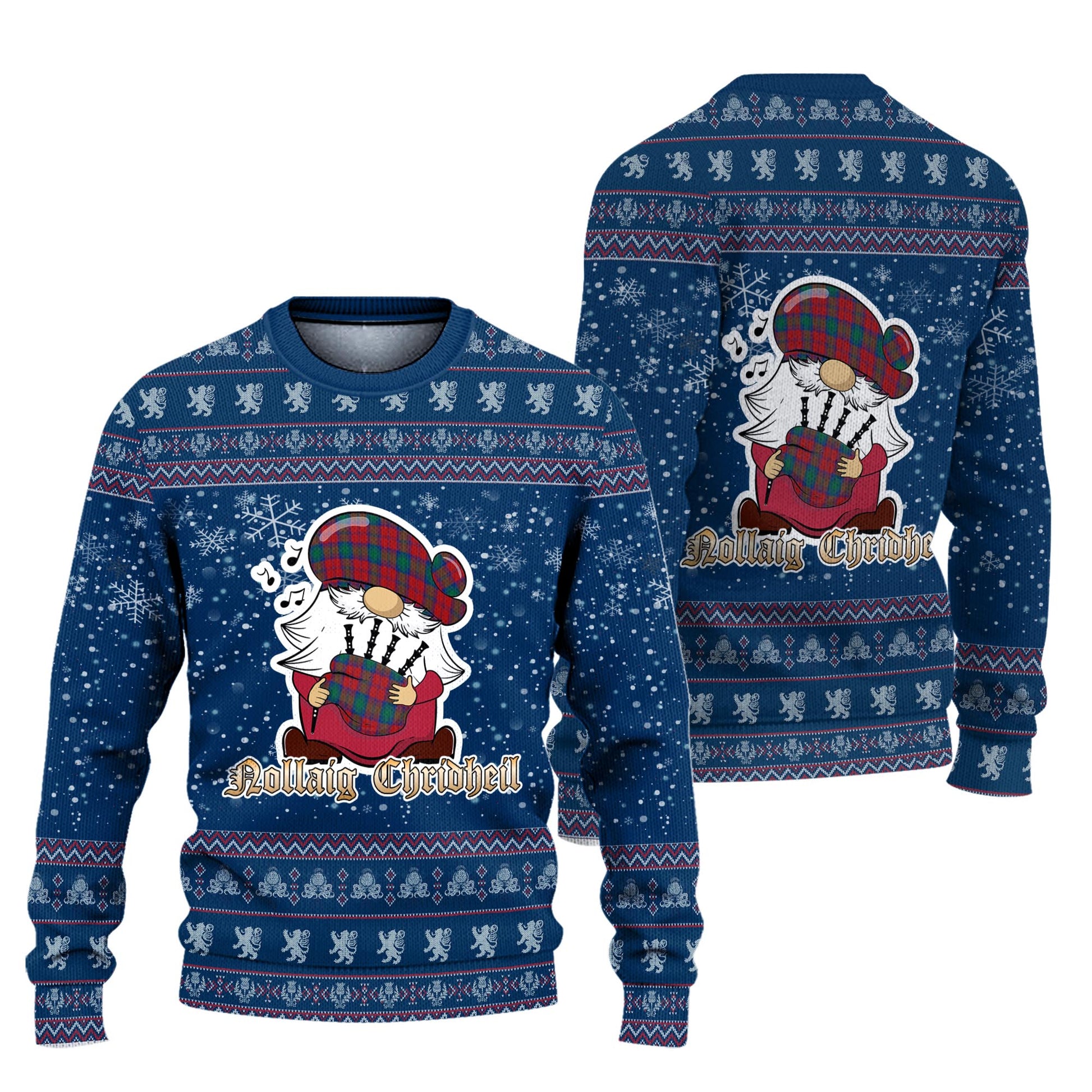 Auchinleck Clan Christmas Family Knitted Sweater with Funny Gnome Playing Bagpipes Unisex Blue - Tartanvibesclothing