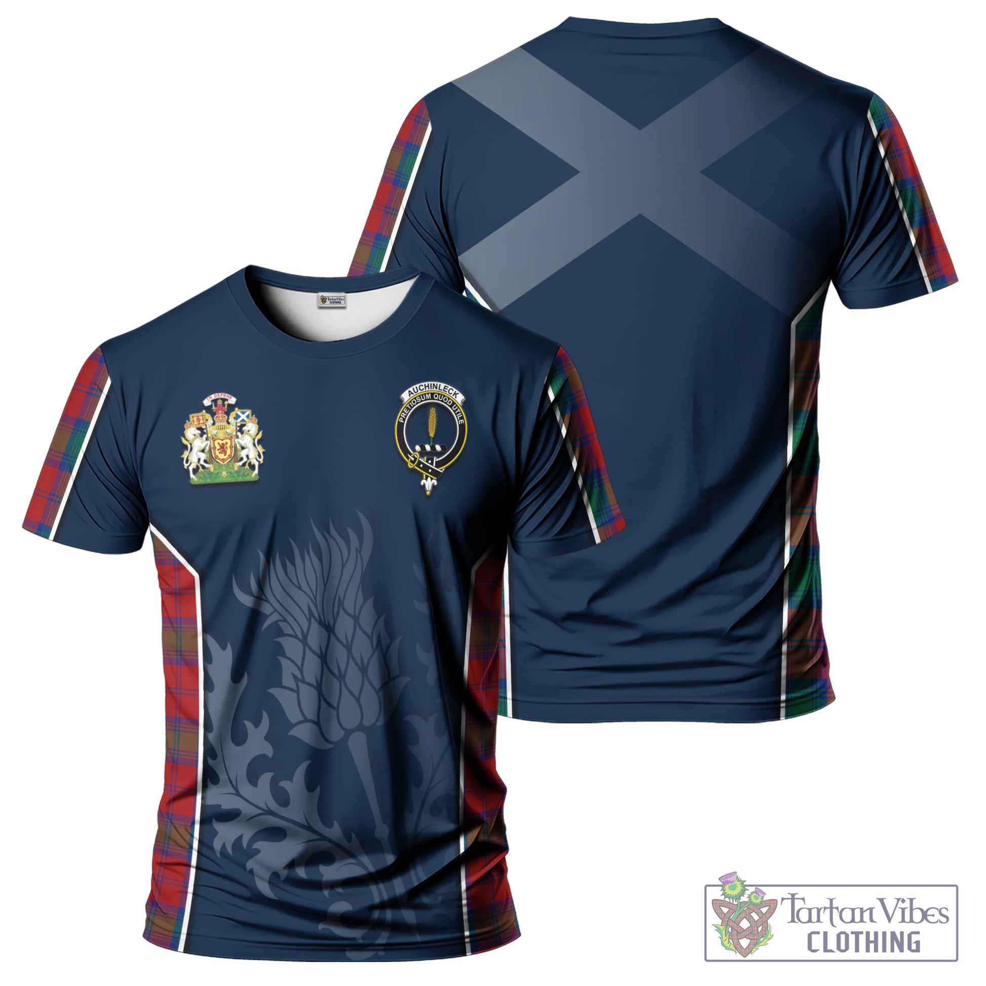 Tartan Vibes Clothing Auchinleck Tartan T-Shirt with Family Crest and Scottish Thistle Vibes Sport Style